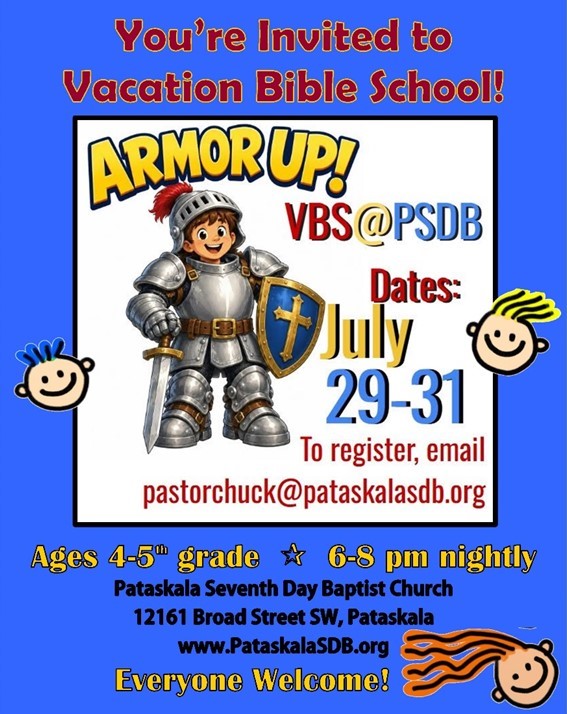 Child dressed up in armor with dates and information for Vacation Bible School July 29-11