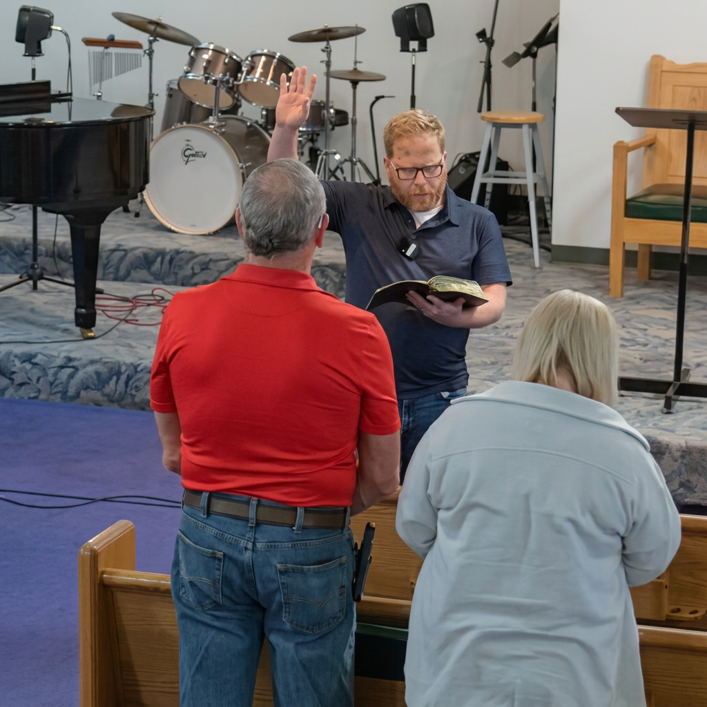 A man in a navy shirt holds a book and raises one hand while leading a ceremony in a church setting. Two individuals, one in a red shirt and another in a white jacket, are standing and listening attentively.