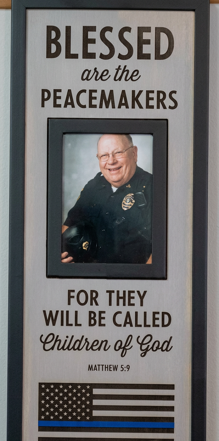 Framed photo of a smiling police officer wearing a uniform, accompanied by the text 'BLESSED are the PEACEMAKERS FOR THEY WILL BE CALLED Children of God' and a depiction of the American flag with a blue line.