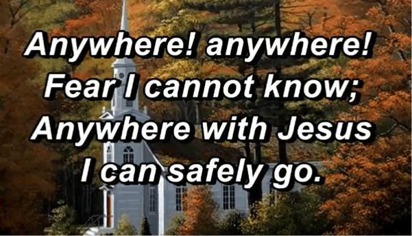 Text overlay with religious message on a scenic background featuring a church and autumn foliage.